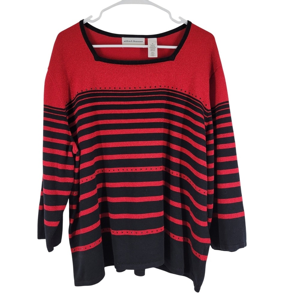 Alfred Dunner Sweater Women 3X Red Black Striped Rhinestone Shimmer Square Neck‎